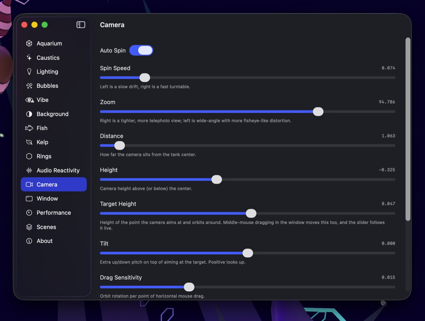 Audio reactivity settings panel showing bass, mid and treble