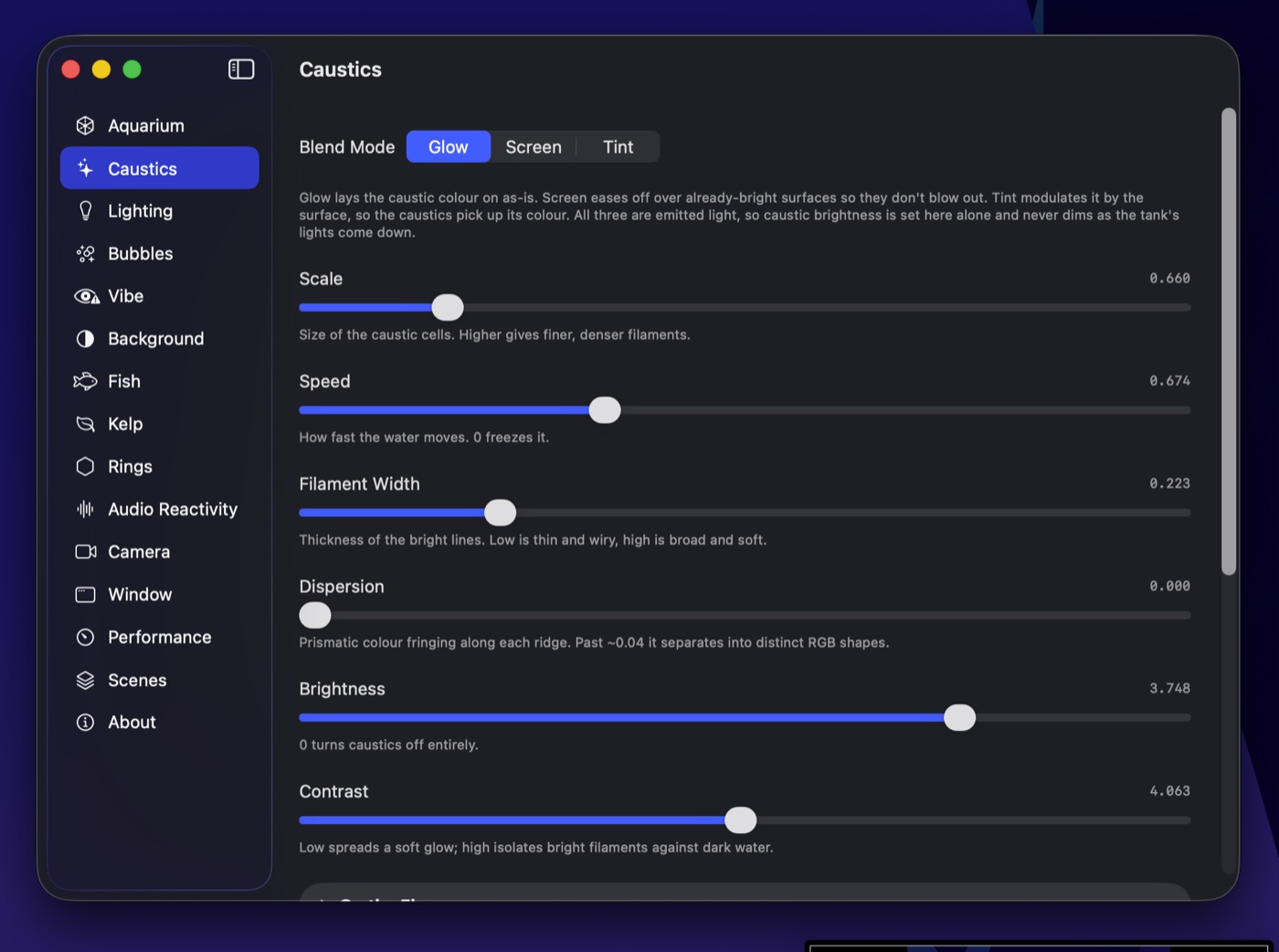 Caustics settings panel
