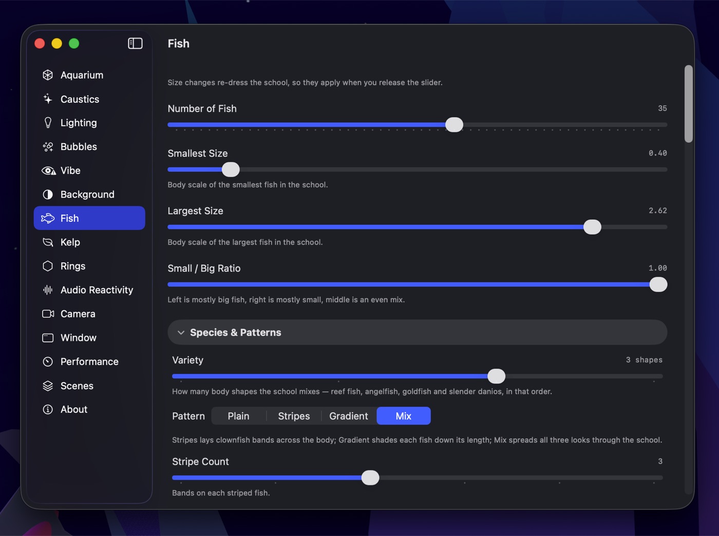 Fish settings panel with counts, sizes, species and patterns